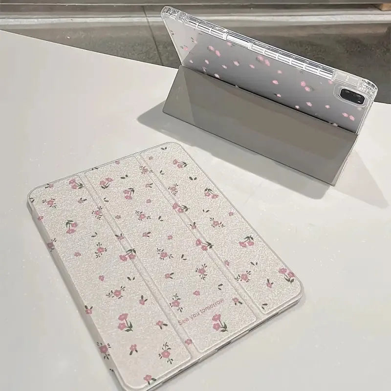 Transparent floral tri-fold tablet protective case for Apple iPad with magnetic closure