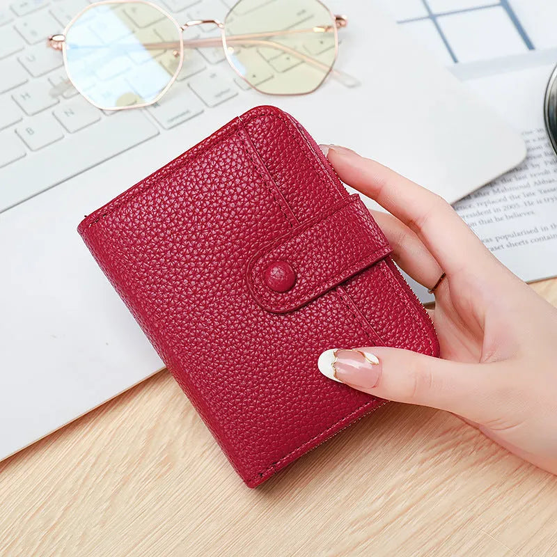 Ladies' short wallet with lychee pattern in beige, pink, black, and red colour options showing two-fold design