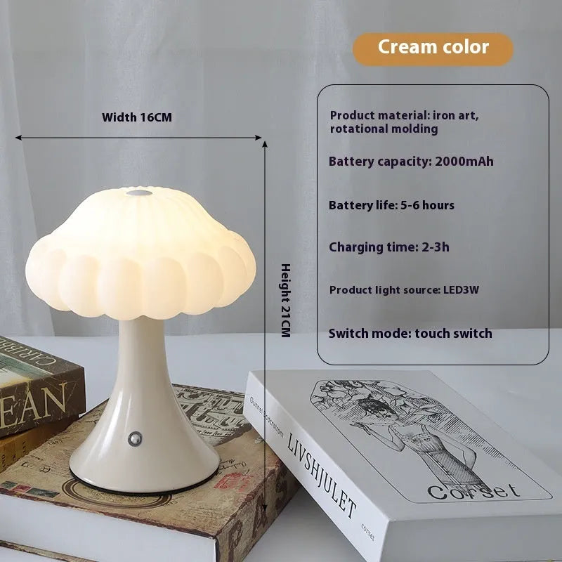 Mushroom-shaped touch lamp with USB charging in wood grain, white, cream, grey, or black for bar and cafe decoration