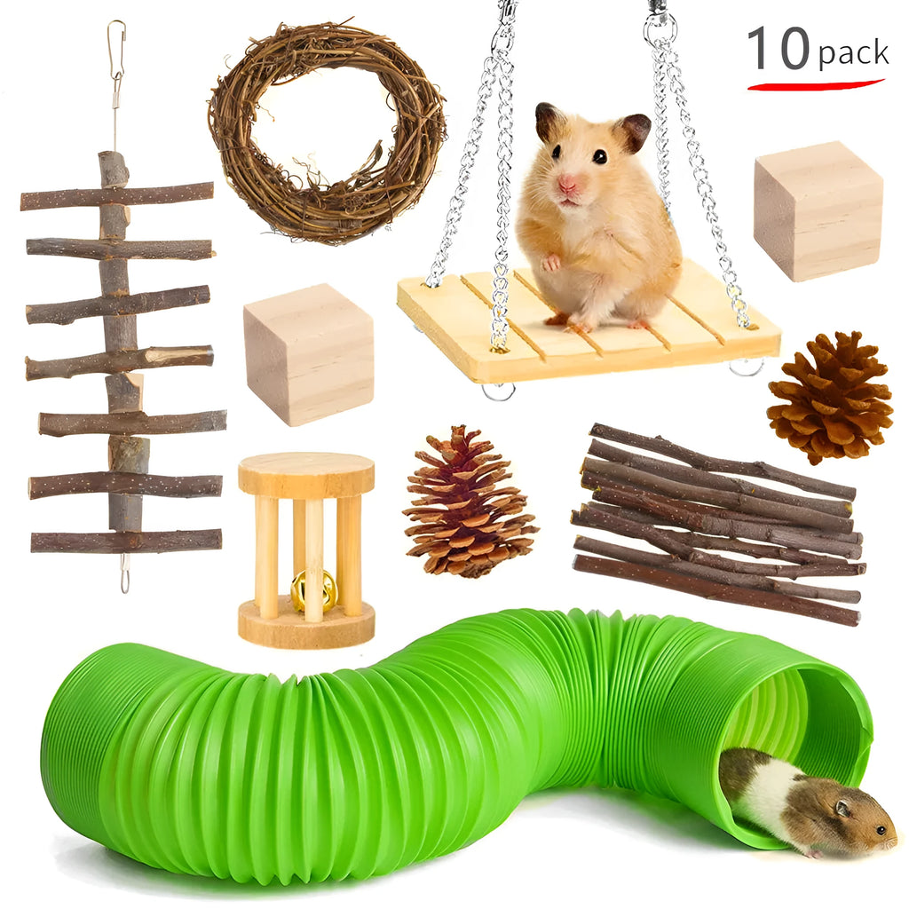 Assorted wooden chew toys for small pets including balls and mats on a natural background
