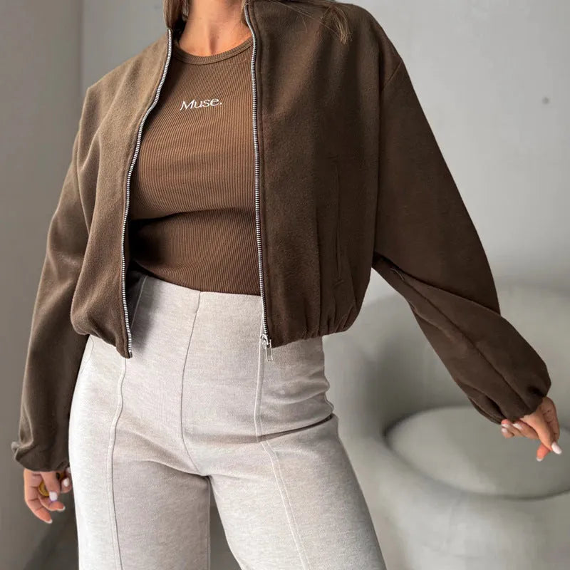 Women's off-shoulder round neck short coat with lantern sleeves in brown colour