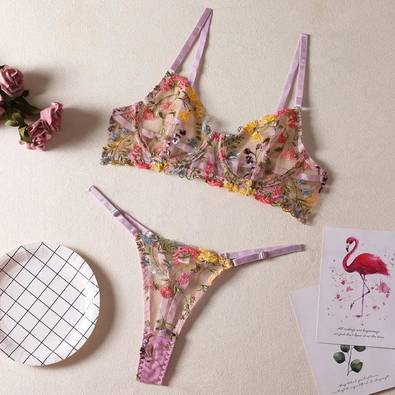 Floral mesh bra set with steel ring T-back detail in polyester available in five colours