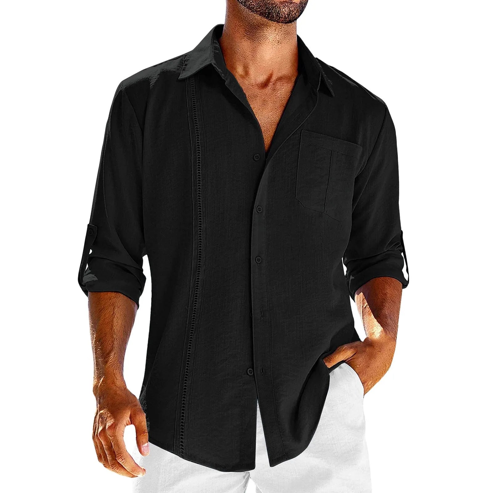 Men's grey long sleeve casual shirt with lace detail on polo collar and a chest pocket.