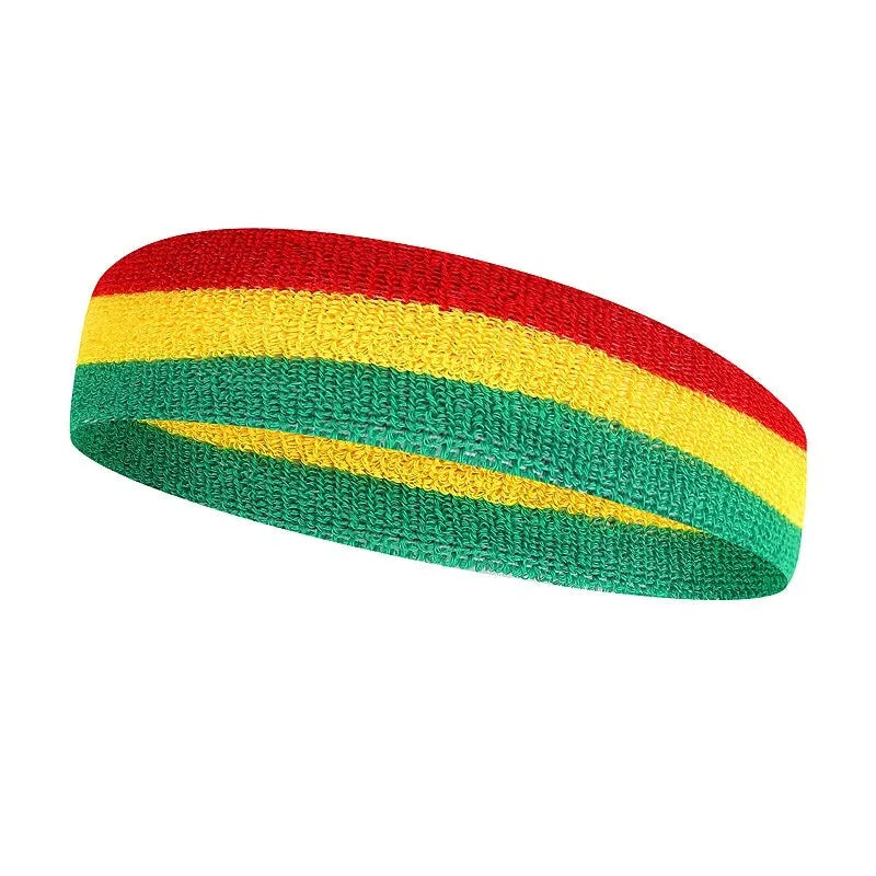 Colourful sports headband for adults in red, yellow, and blue colour combination.