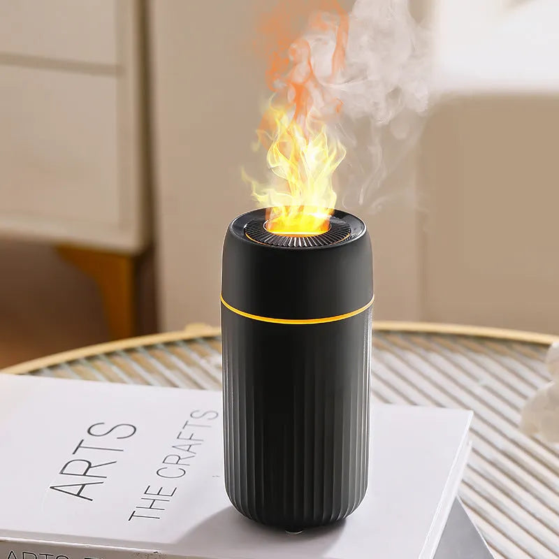Car flame design aroma diffuser with automatic sprayer in black or white, measuring 70x70x143mm