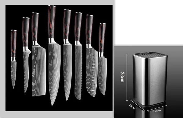 Chef knife with laser Damascus pattern blade, colour steel handle, showing 18cm blade length