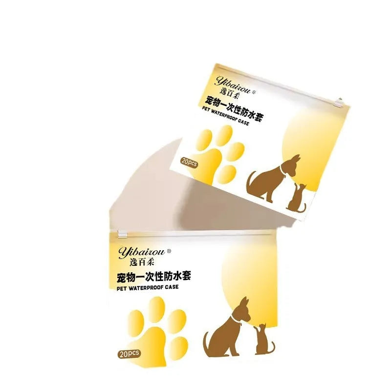 White disposable waterproof shoe covers for dogs on a pet's paw, shown in S and M sizes.