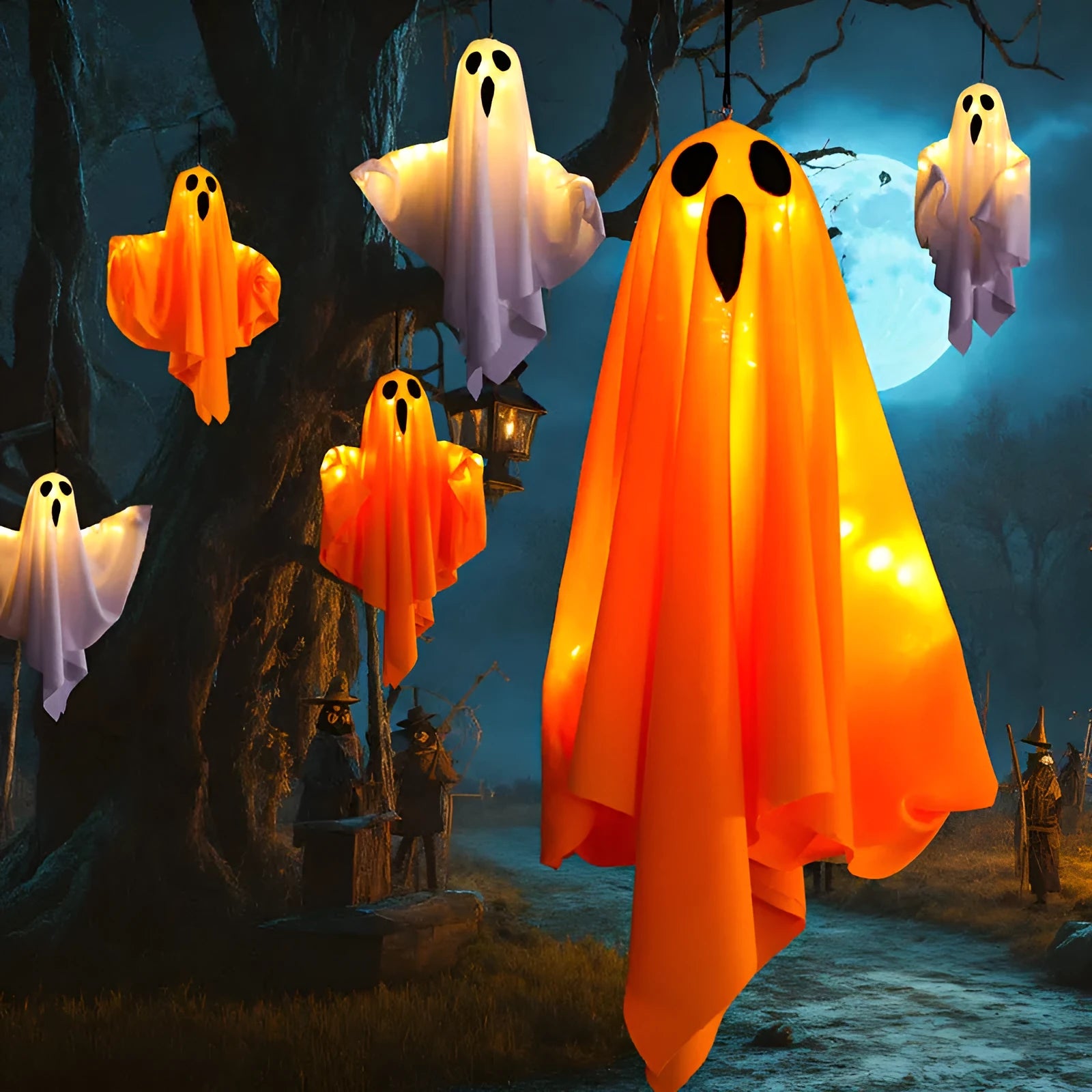 White luminous ghost Halloween light with cloth construction and battery operation