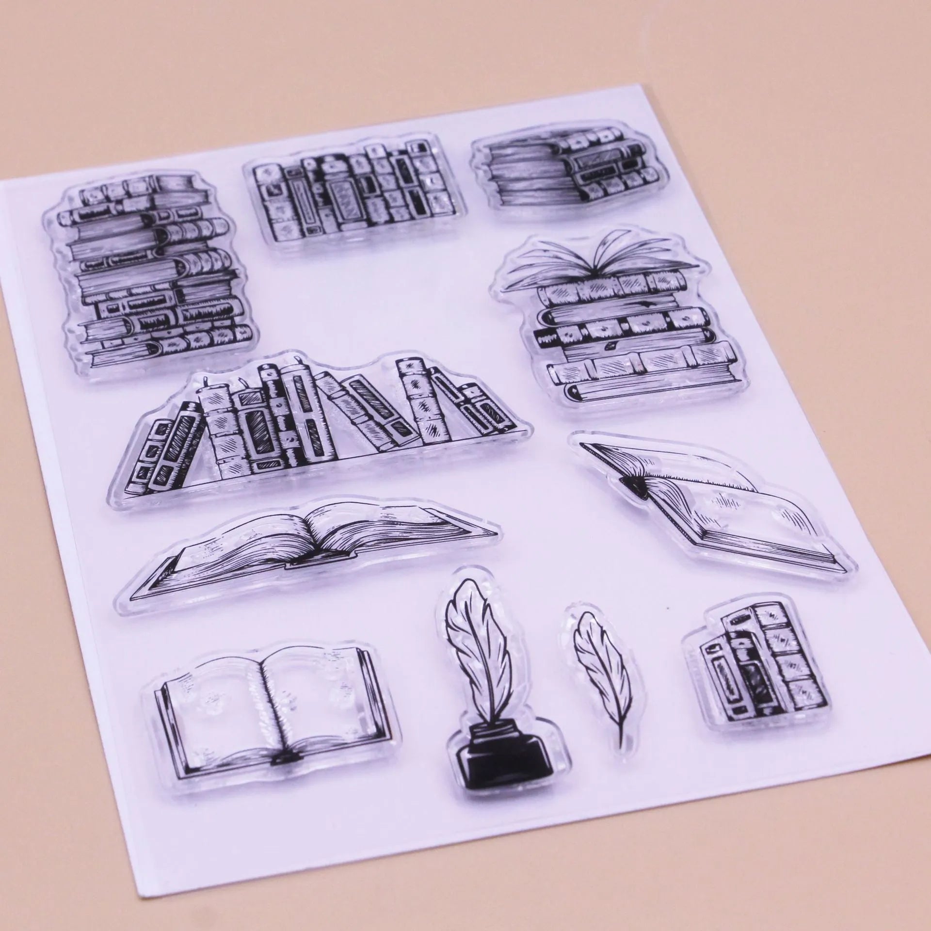 White seal pattern transparent silicone craft stamp with self-adhesive backing, measuring 11 by 16 centimetres.
