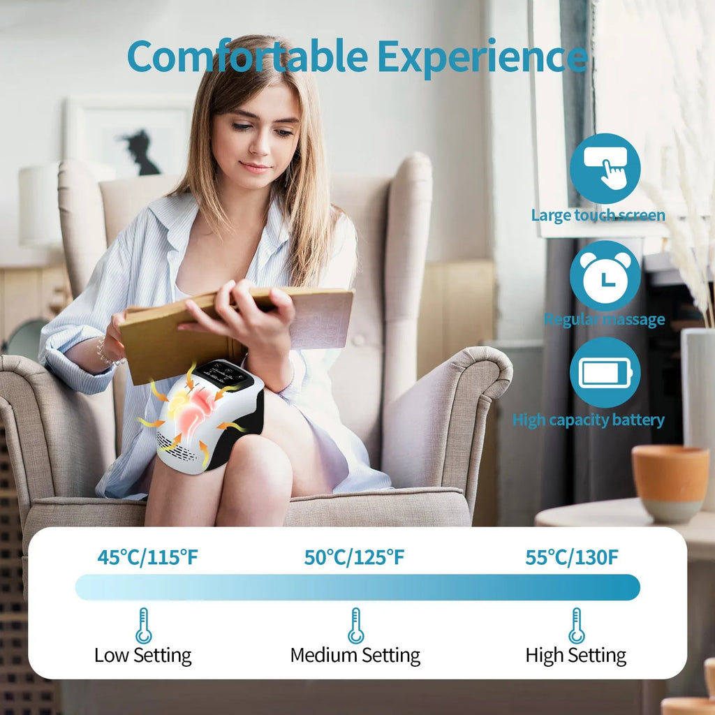 Rechargeable knee massager with intelligent kneading heating and infrared laser vibration in white or wood colour