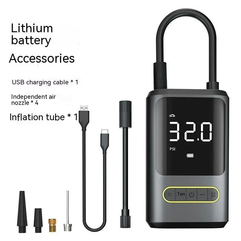 Handheld wireless digital tyre inflator with display screen, LED light, and air hose.