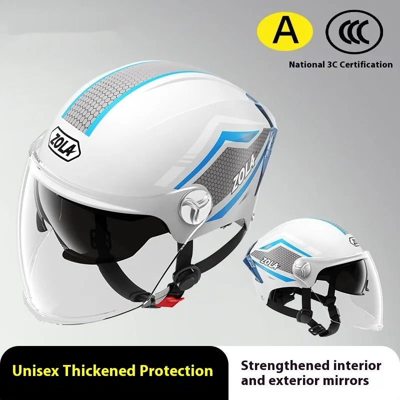 Motorcycle half helmet with double mirror visor in ABS construction, showing universal fit design