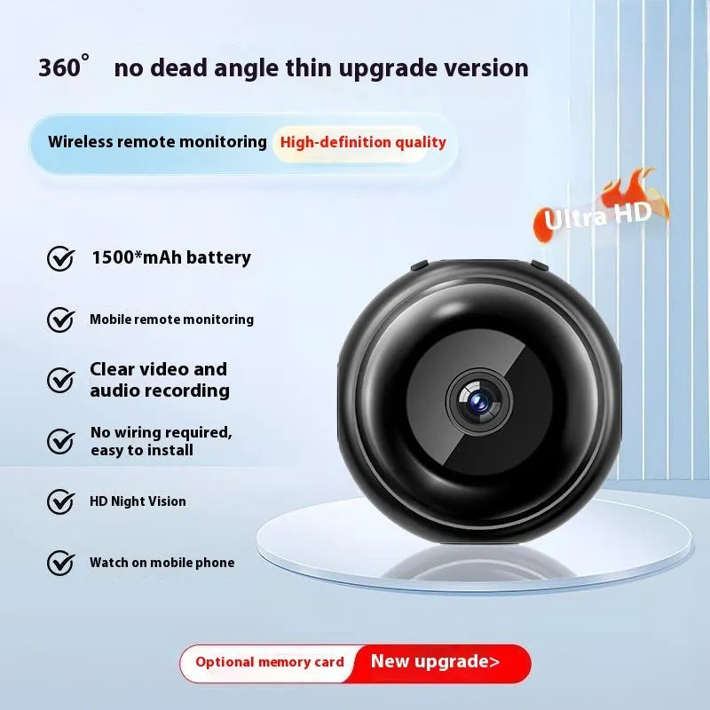 Wireless black security camera with 360-degree rotation on stand showing night vision capability