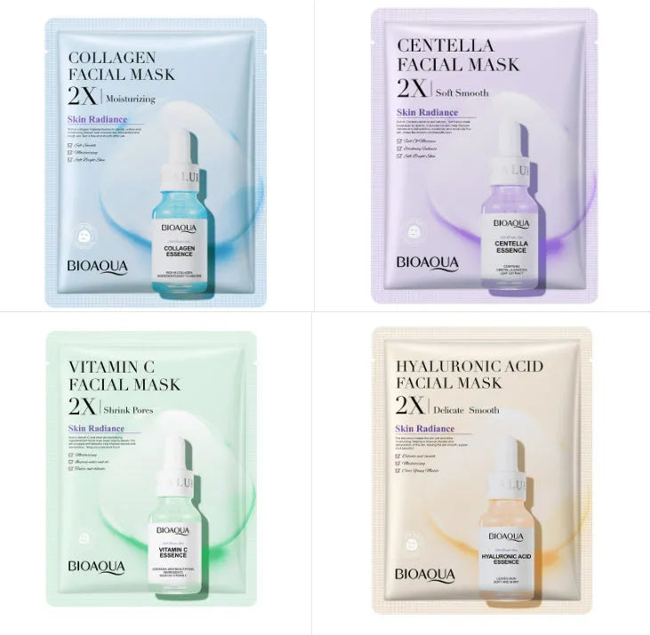 Single collagen hyaluronic acid facial sheet mask with 30g gel serum, shown on white background