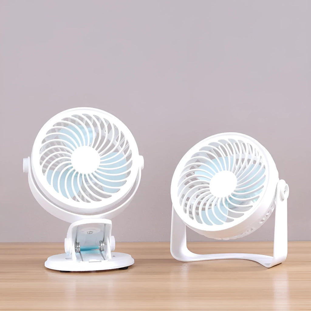 USB-powered portable desk fan with clip mount option and 3 blades for quiet personal cooling