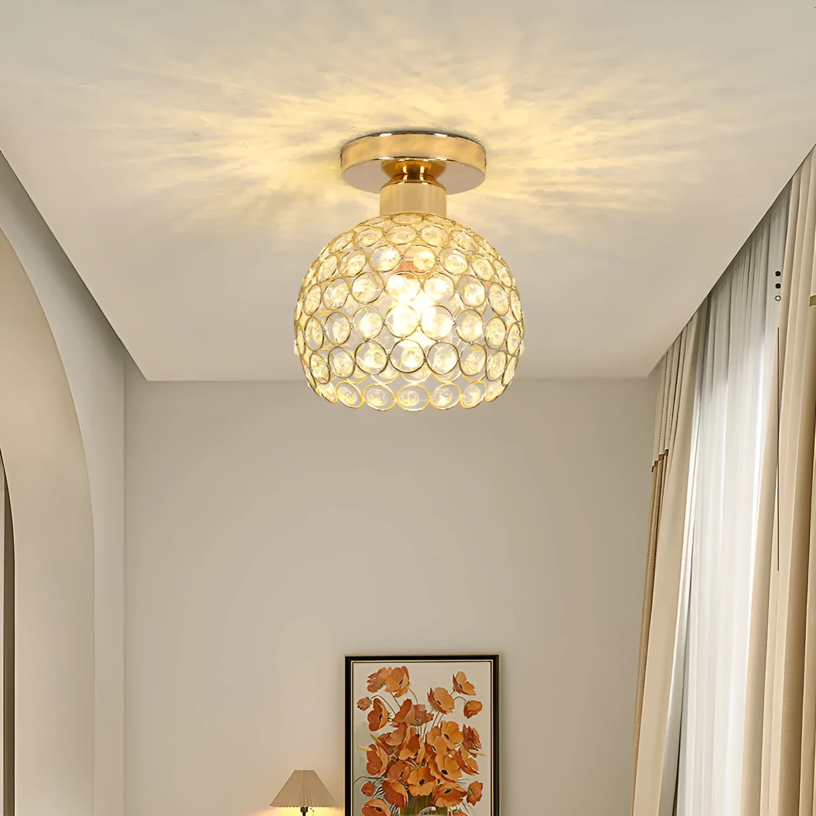 Modern minimalist balcony ceiling lamp with LED three-colour light and gold crystal finish on white ceiling