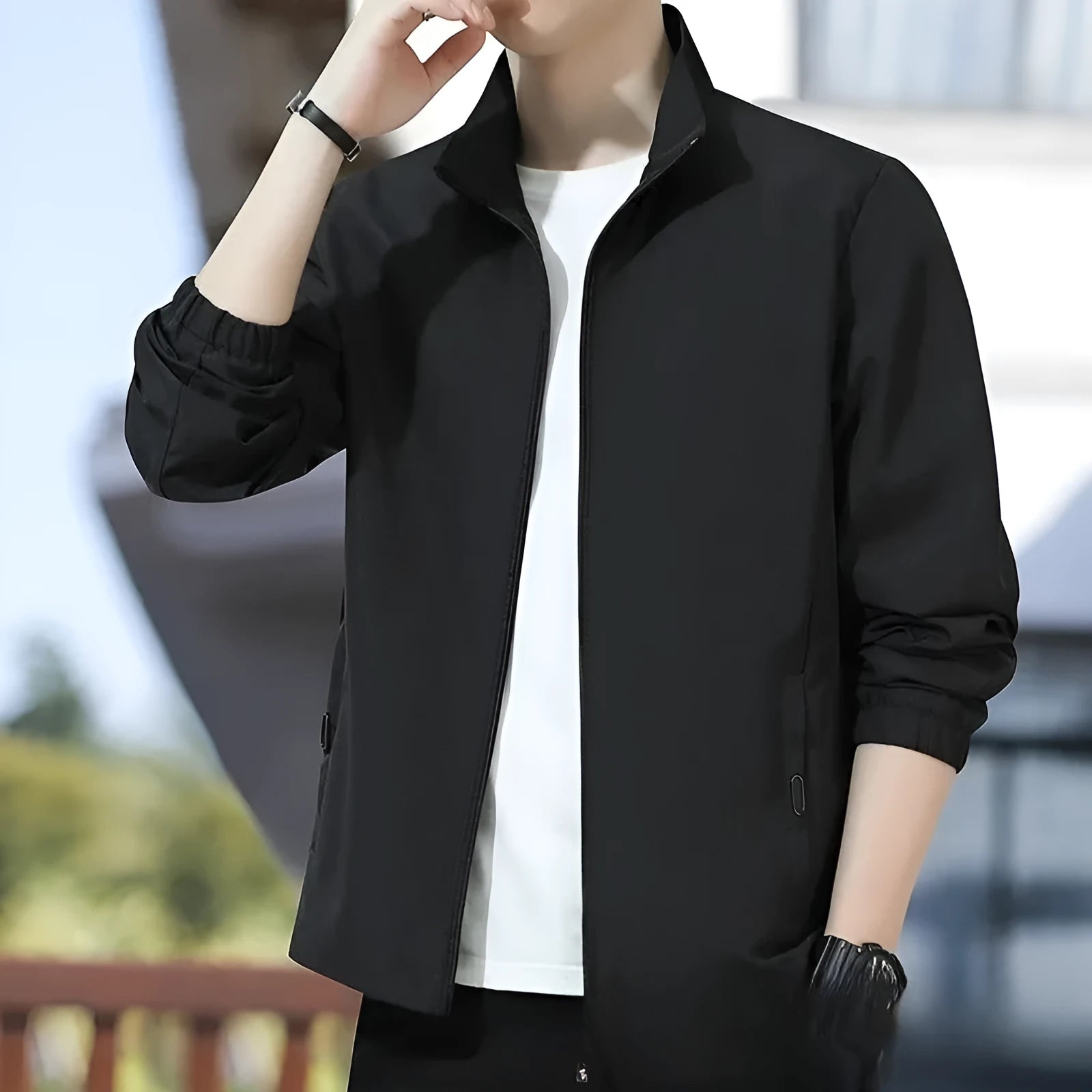 Korean style loose lapel autumn jacket for men in black with zipper pockets
