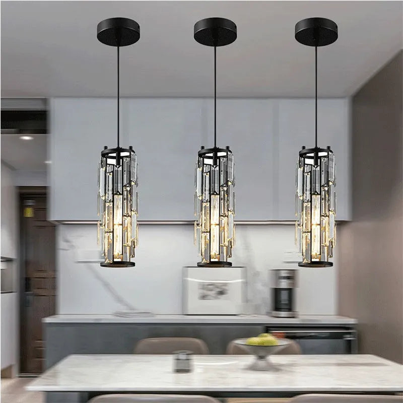 Black single head LED droplight with clear crystal lighting element in American industrial style