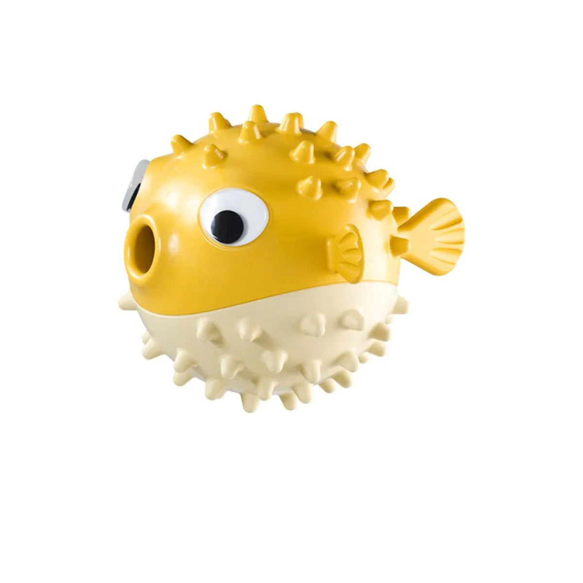 Yellow fish-shaped dog chew toy with textured surface for teeth cleaning