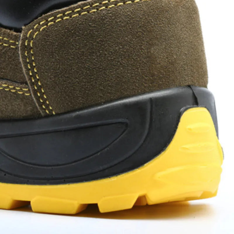 Bronze coloured leather men's steel toe safety shoes with a low-cut design and anti-skid sole.