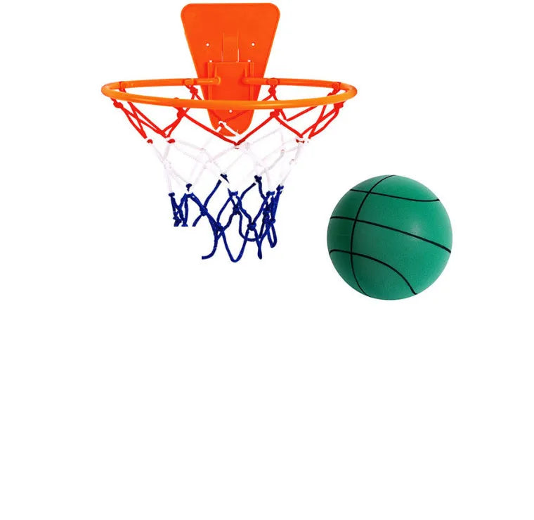 Silent high-density foam basketball in assorted bright colours showing bounce height and size comparison