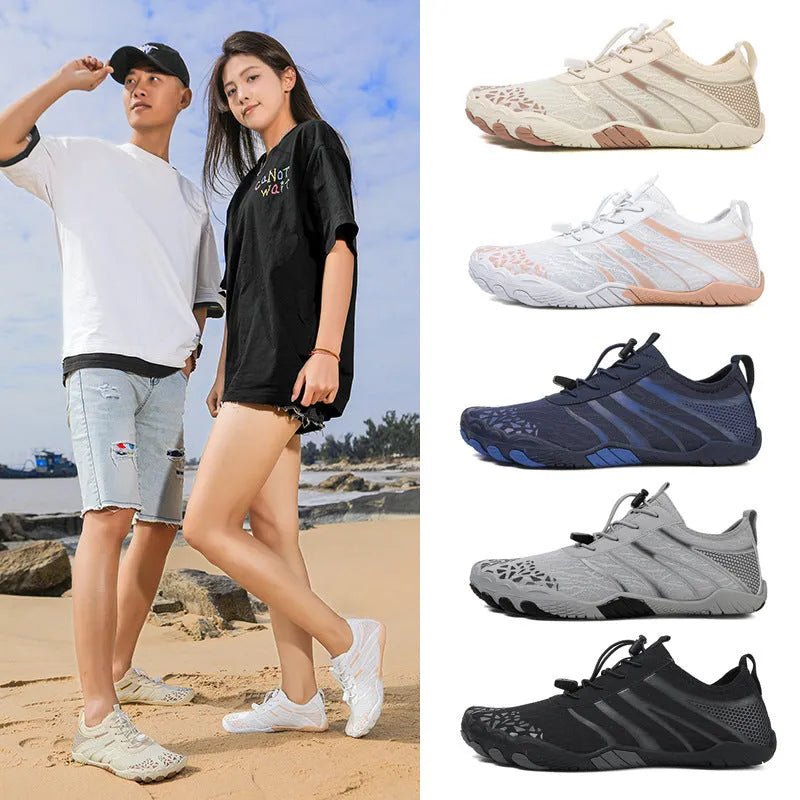 Casual running shoes with Lycra stretch fabric upper for beach and upstream sports, shown in neutral colours.