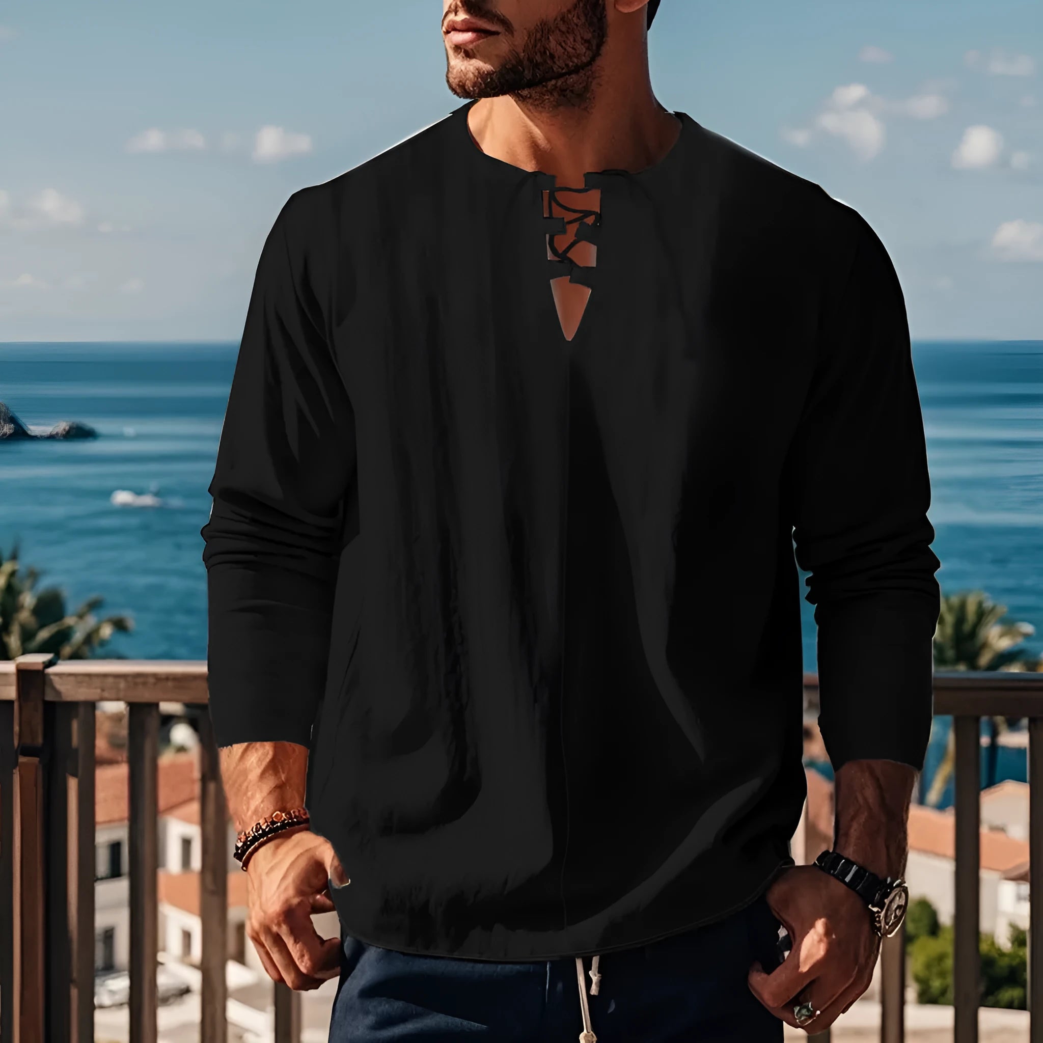 Cotton blend casual pullover shirt in solid colour with loose fit for leisure wear