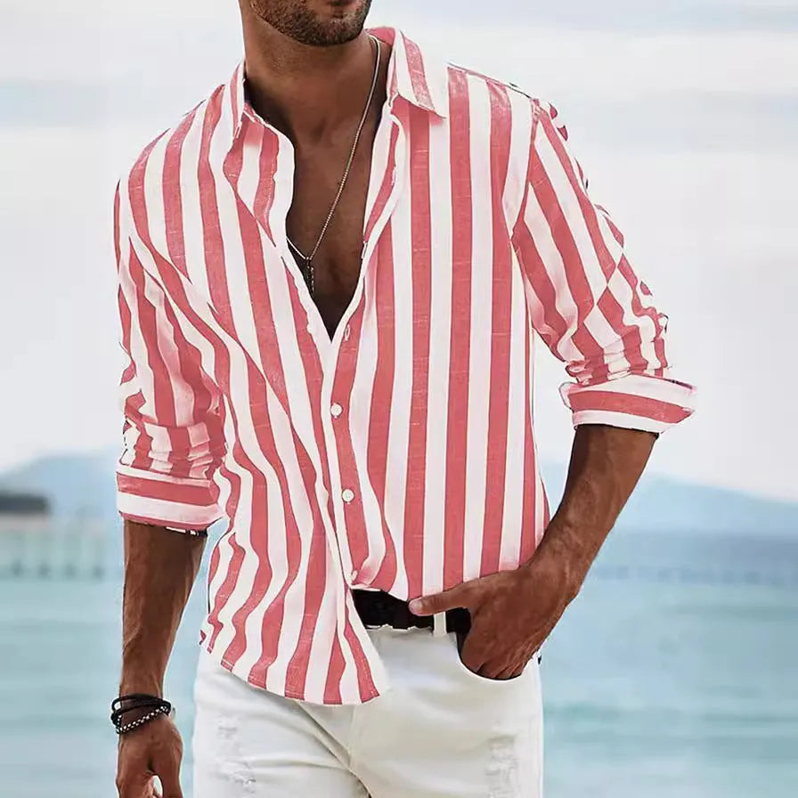 Men's striped casual shirt in loose fit with long sleeves and cardigan style