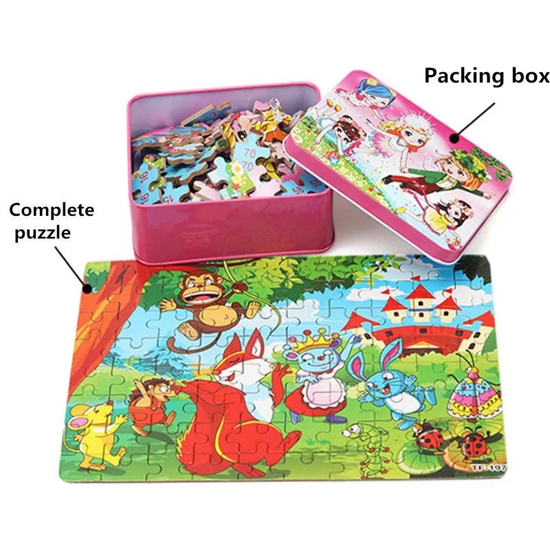 80-piece wooden animal puzzle set in iron box, designed for children aged 3 and over, featuring bear and riding themes