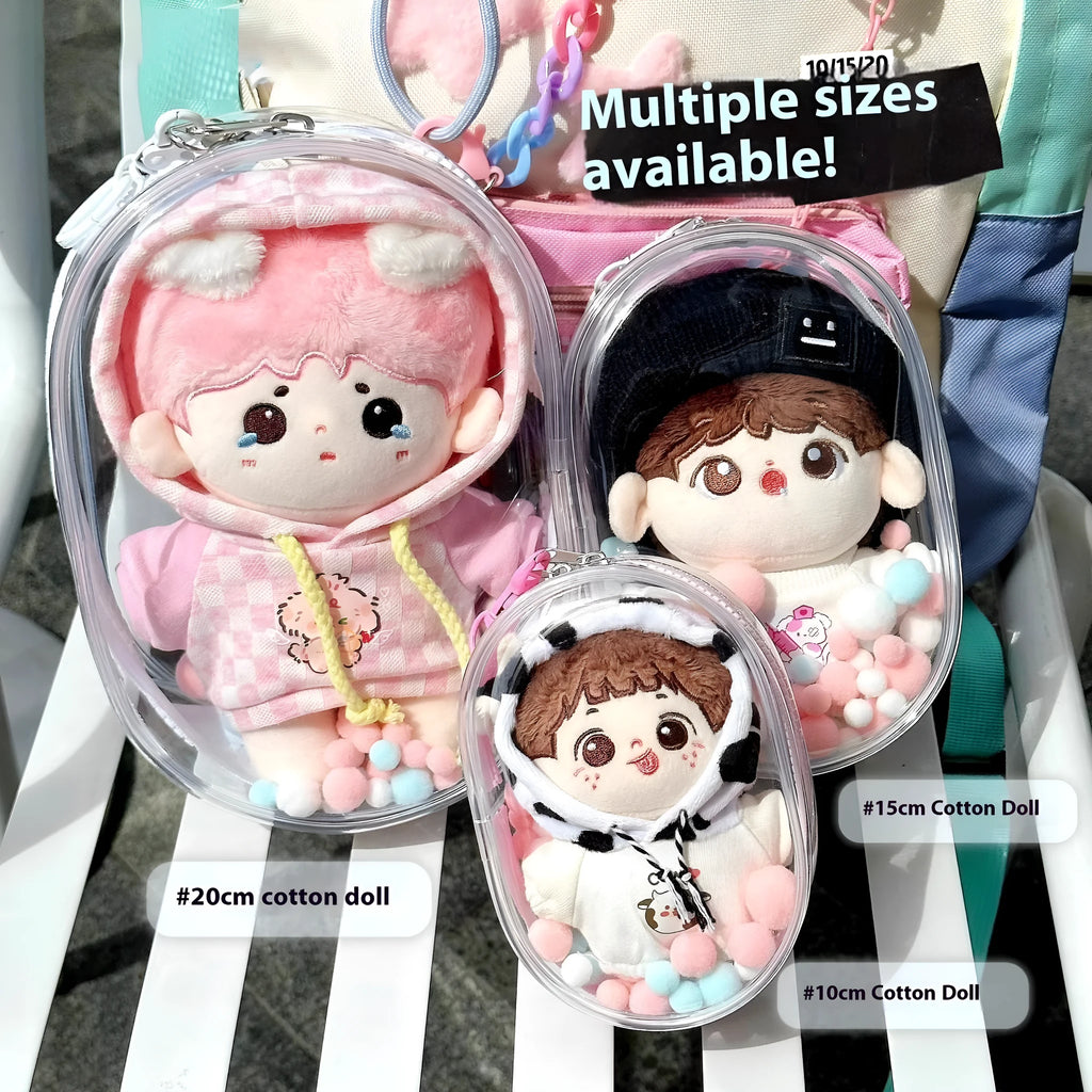 Transparent 17cm PVC cube storage bag with colourful ball keychain in avocado green colour