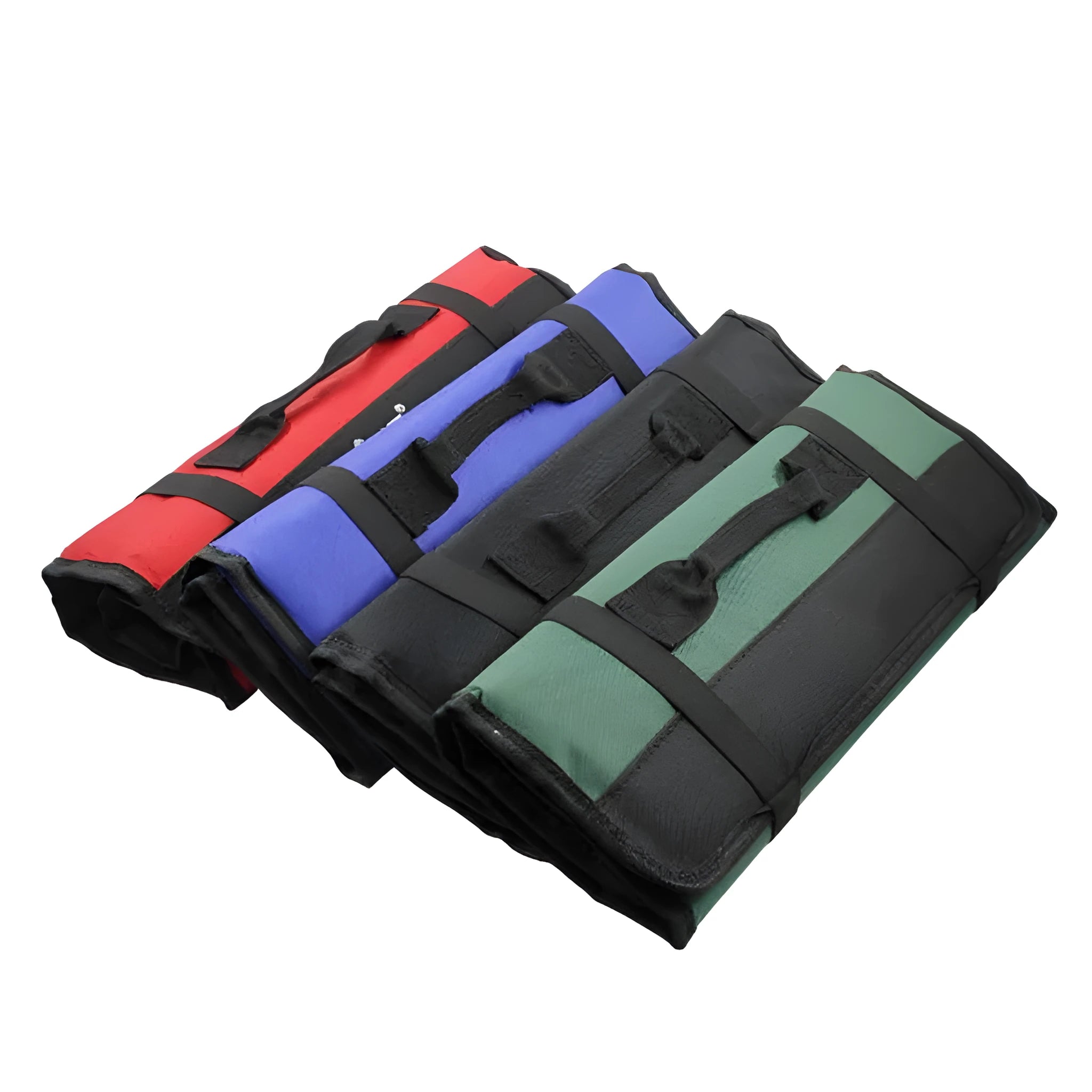 Portable multifunctional reel type hardware tool bag in 600D Oxford cloth, rolled up with buckle closure