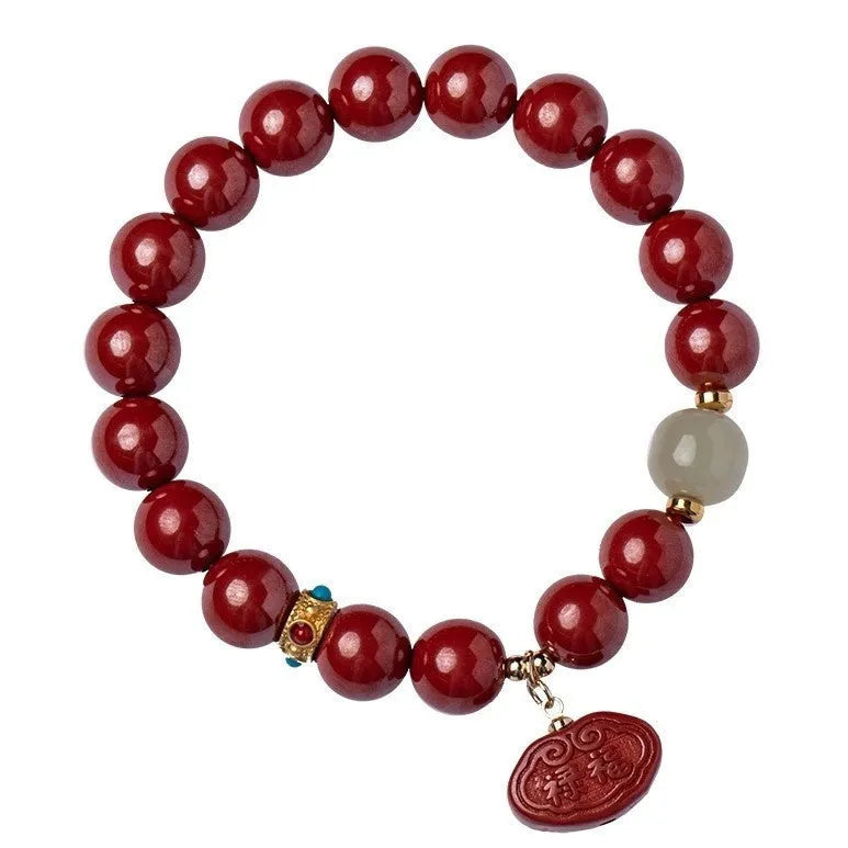 Natural cinnabar Emperor Sandstone Ping An Fu Lu bracelet in 8mm or 10mm bead size.