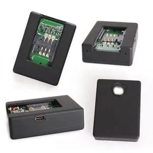 Black mini car GPS tracker with SIM card slot for vehicle security and location monitoring