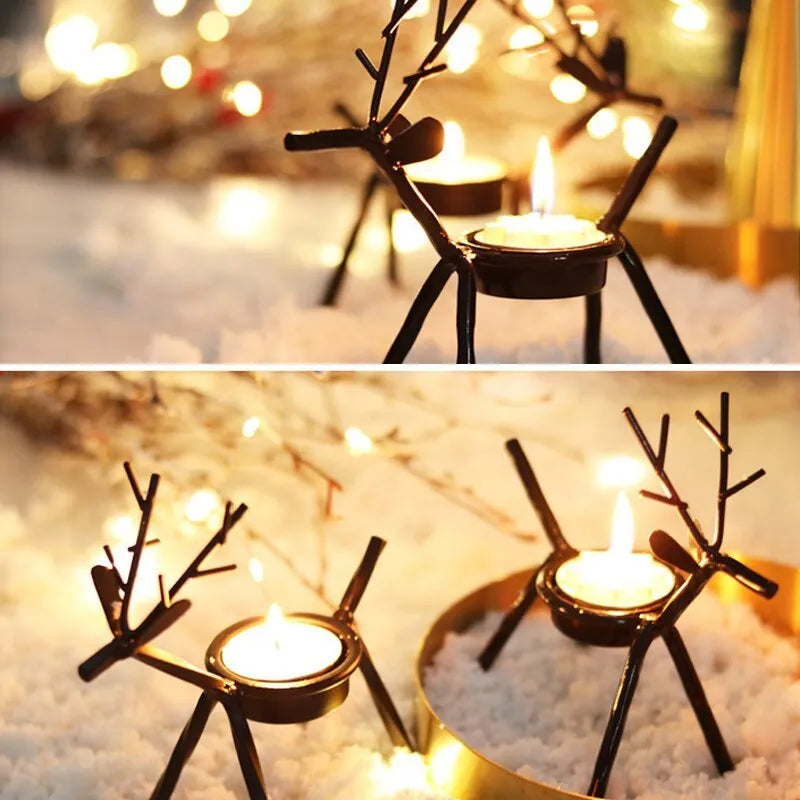 Black iron deer Christmas candlestick holder with elk bracket design and fabric accents