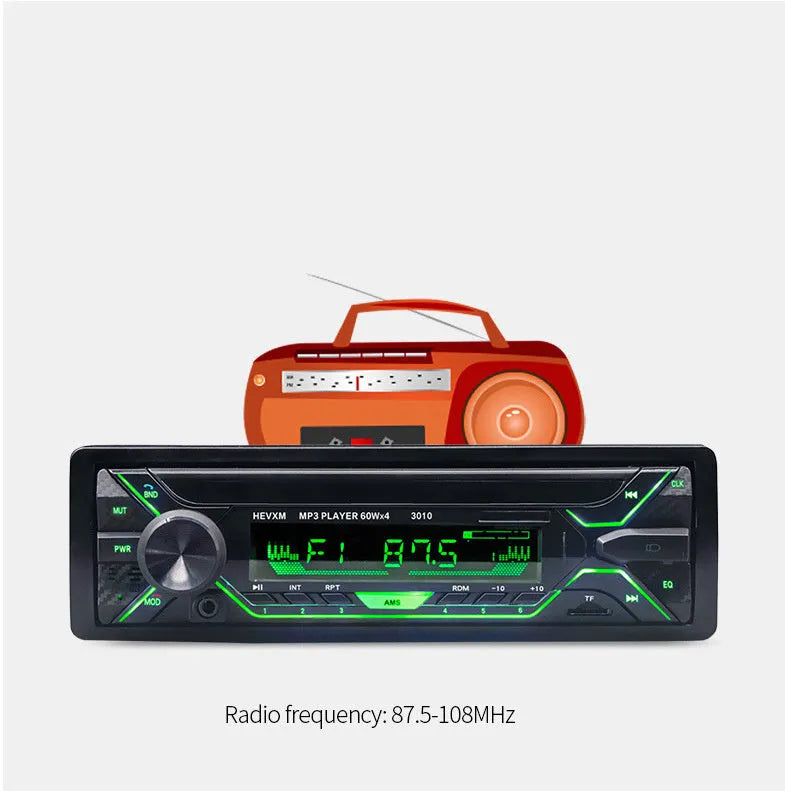 Front view of a black car radio MP3 player with LCD display, rotary knobs, and USB/TF card slots.