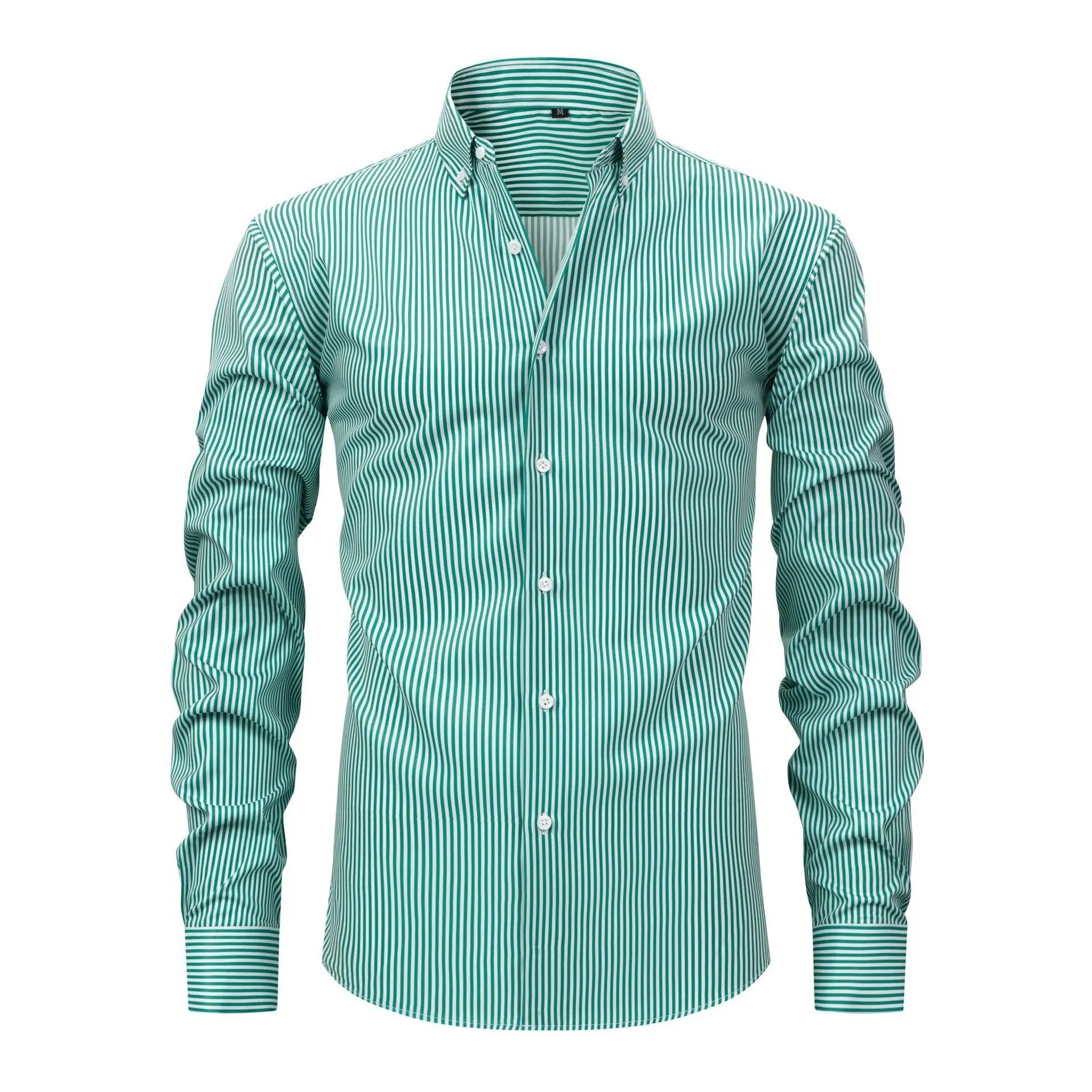 A man wearing a striped long-sleeved non-iron business casual shirt with a lapel collar.
