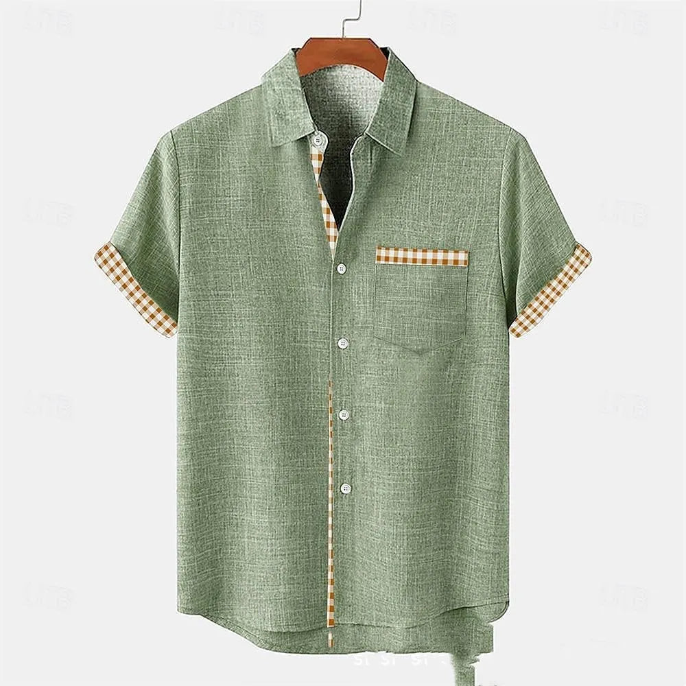 Linen short sleeve shirt with ocean fish pattern lapel detail in loose casual fit