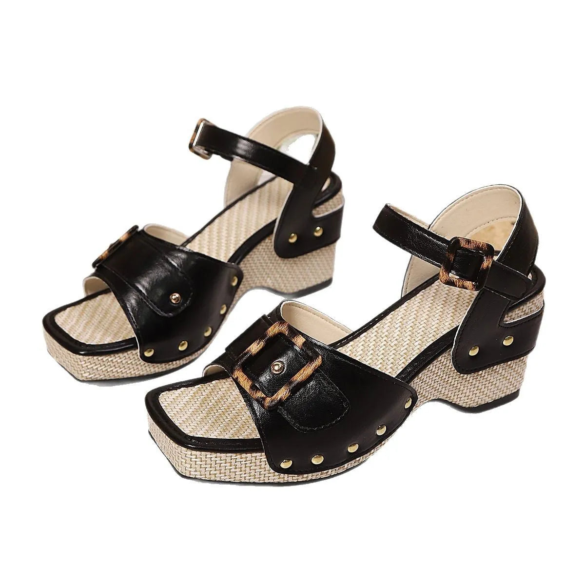Women's white chunky heel sandals with a metal buckle and square-toe design on a rubber sole.