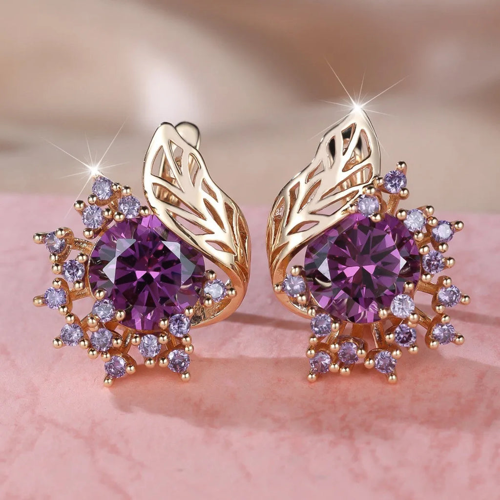 Round flowers feather design rose gold zircon earrings with coloured stone centre options