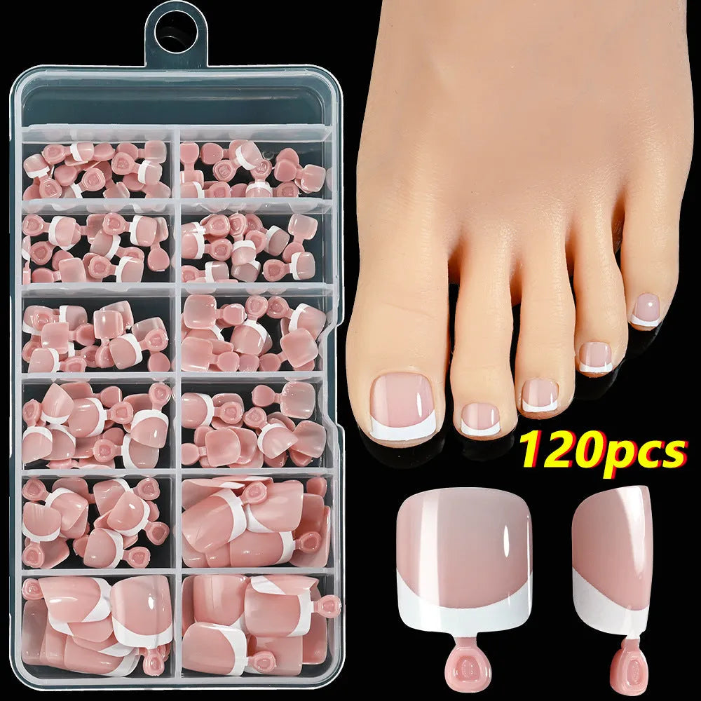 Open box showing 120 French white tip nude square false toe nails in assorted shades.