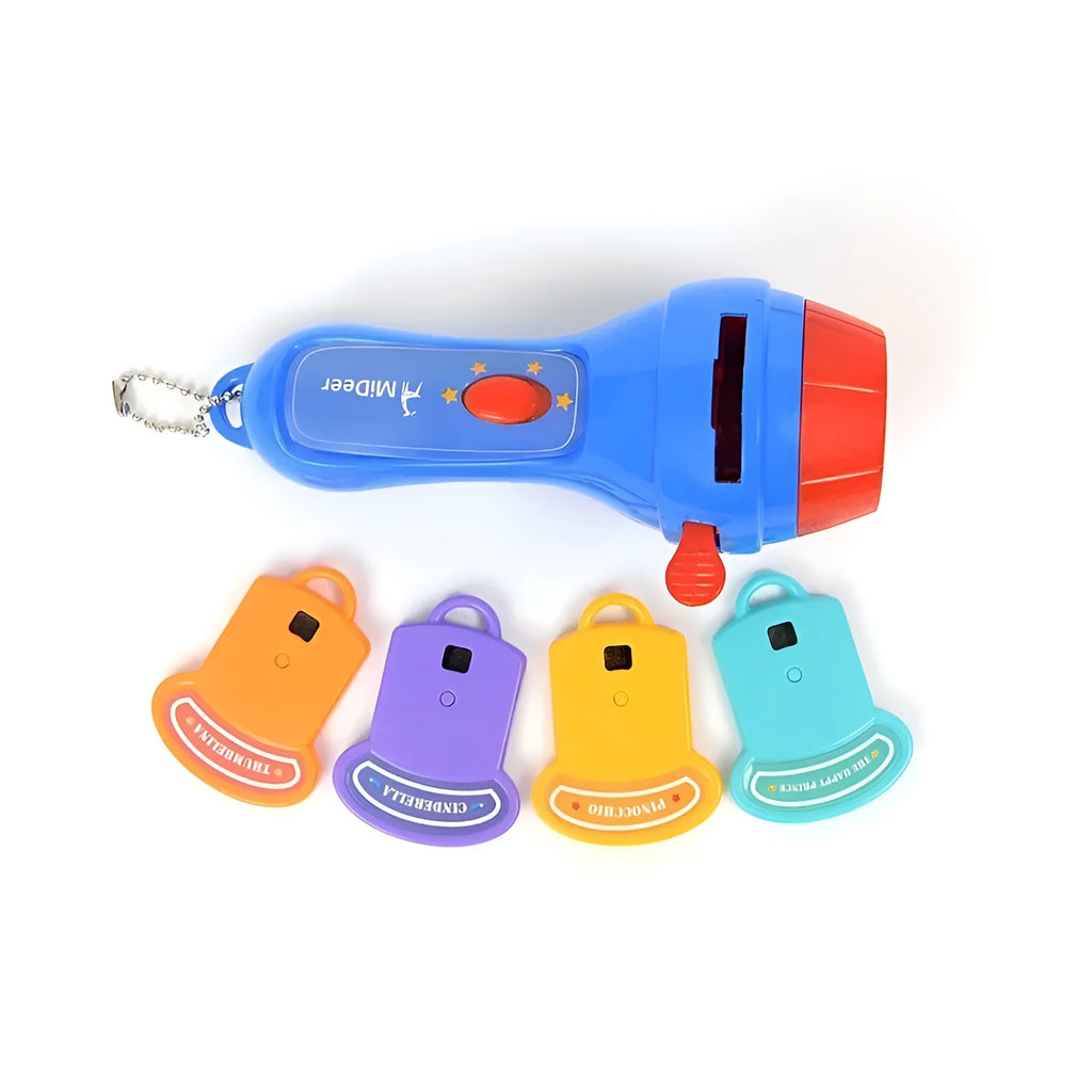 SmartKids children's story projector torch with four fairy tale discs projecting images onto a wall