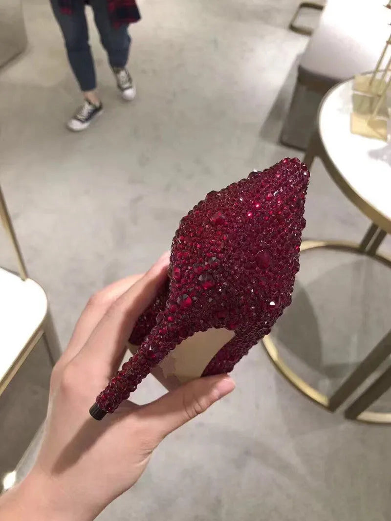 Gold women's pointed toe high heels with rhinestone decoration and stiletto heel