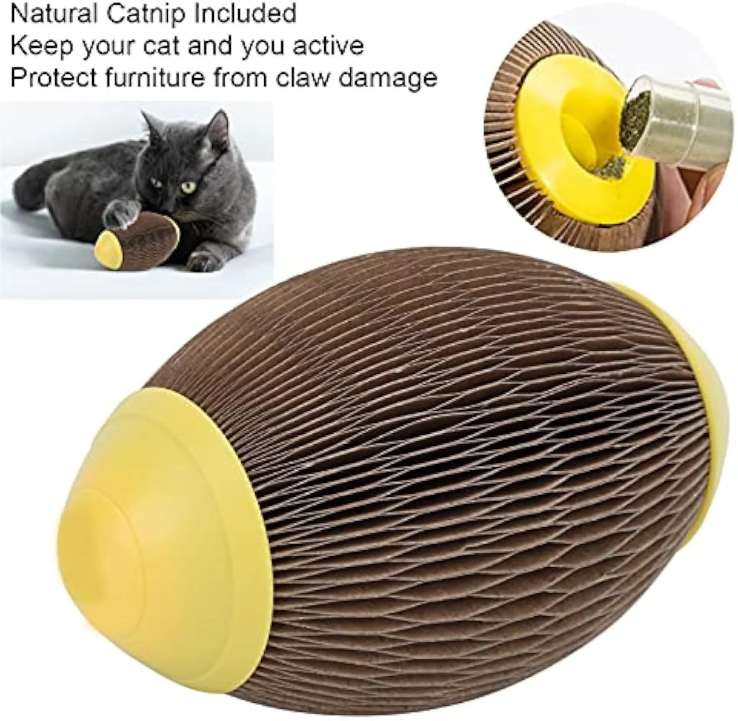 Elliptical corrugated paper catnip football toy with textured scratch surface