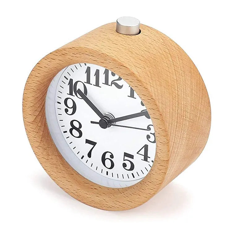 Solid beech wood analogue alarm clock showing silent movement and 9.5cm size.