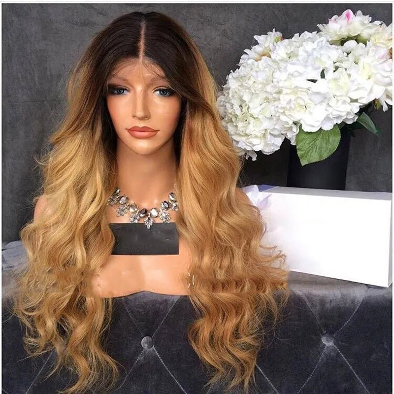 Long matte synthetic hair wig in gold colour 65cm length with adjustable elastic buckle