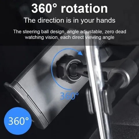 Black universal car phone holder mounted on a car rear seat base, holding a tablet for navigation