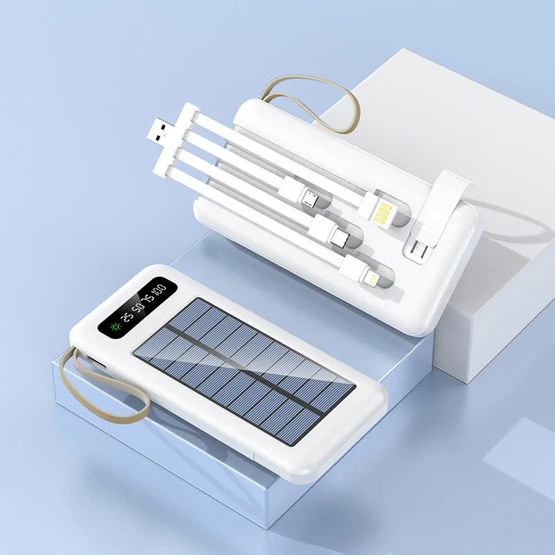 Black and white solar power bank showing front panel with solar cells and dimensions 144x68x16mm.