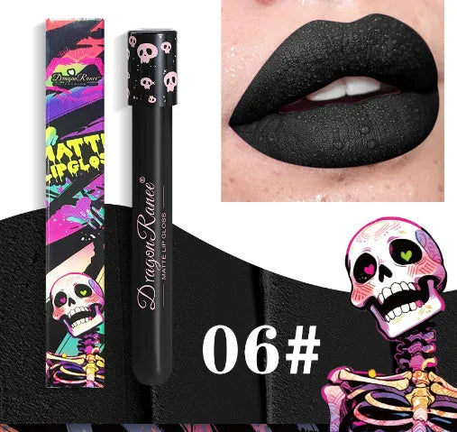 Halloween skull test tube containing gold and silver matte lip gloss for waterproof costume makeup.