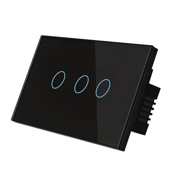 Modern 2-gang touch light switch with tempered glass panel in black, white, or gold.