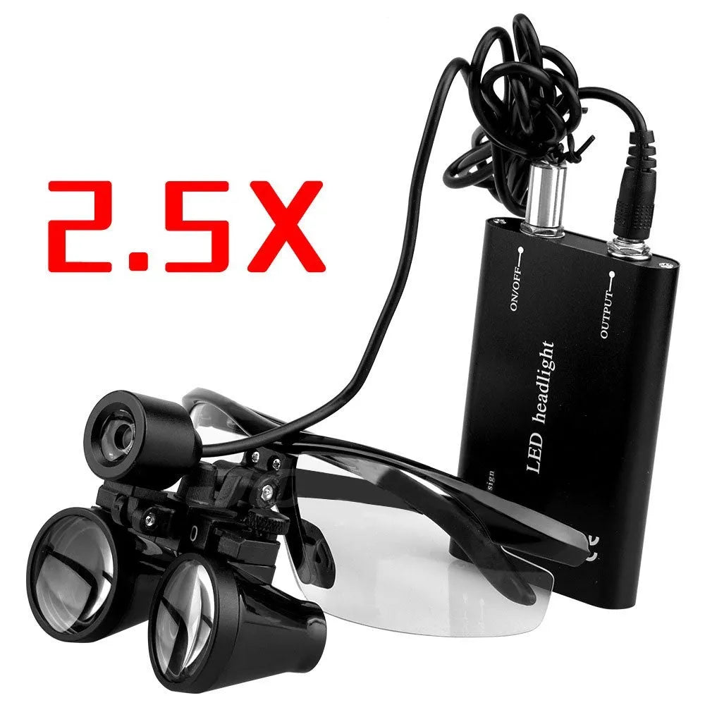 Black dental magnifying glasses with LED headlight showing 3.5X magnification and adjustable head strap